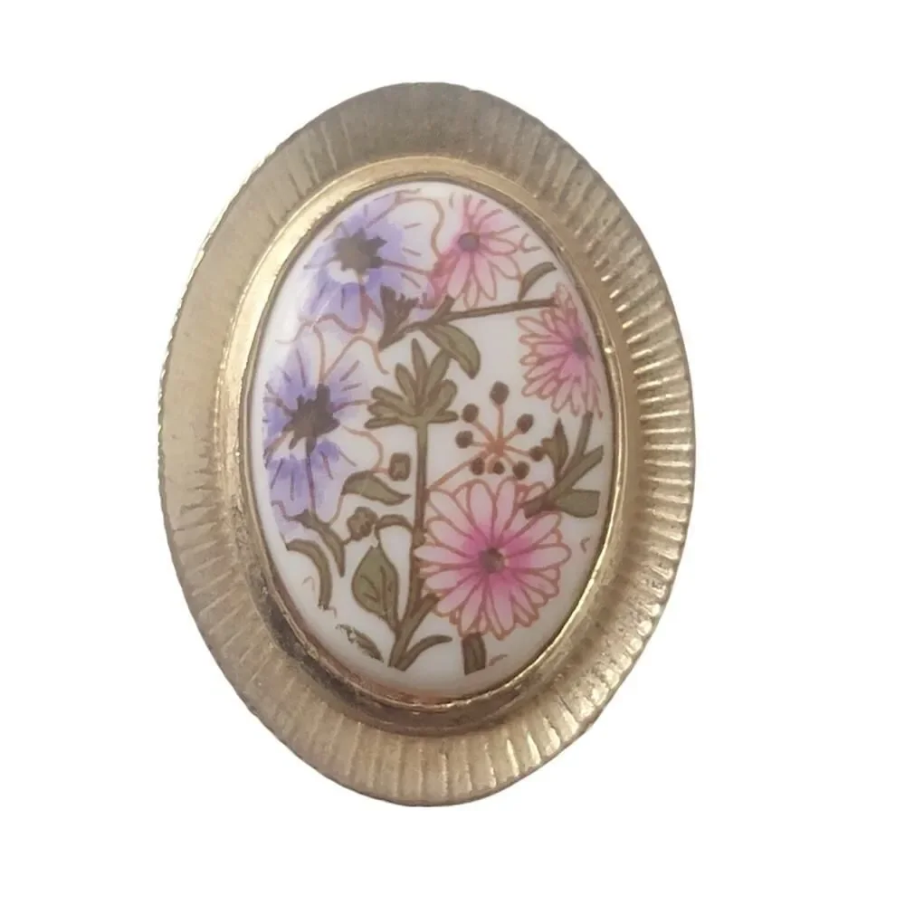 Vintage Pendant Porcelain Hand Painted Pink Purple‎ Flowers Jewelry 1.5